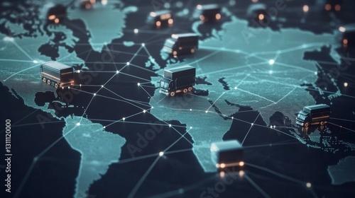 Interconnected global transportation map, stylized delivery vehicles connected by network lines, earth map background, minimalist icon design, flat geometric style, professional infographic
