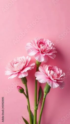 Five delicate pink carnations, soft pink backdrop , floral, flower