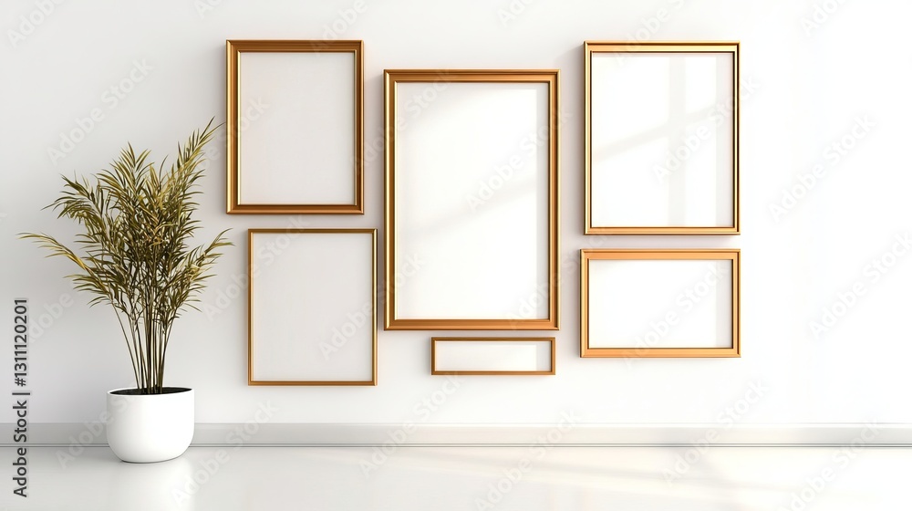 Empty golden frames on a clean wall with a decorative plant in a modern space. Empty golden frames on a clean wall with a decorative plant in a modern space.