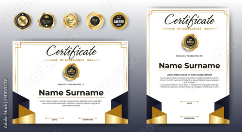 Certificate of achievement award template design. Black and gold shape. A4 size Horizontal and Vertical certificate with Badges. vector