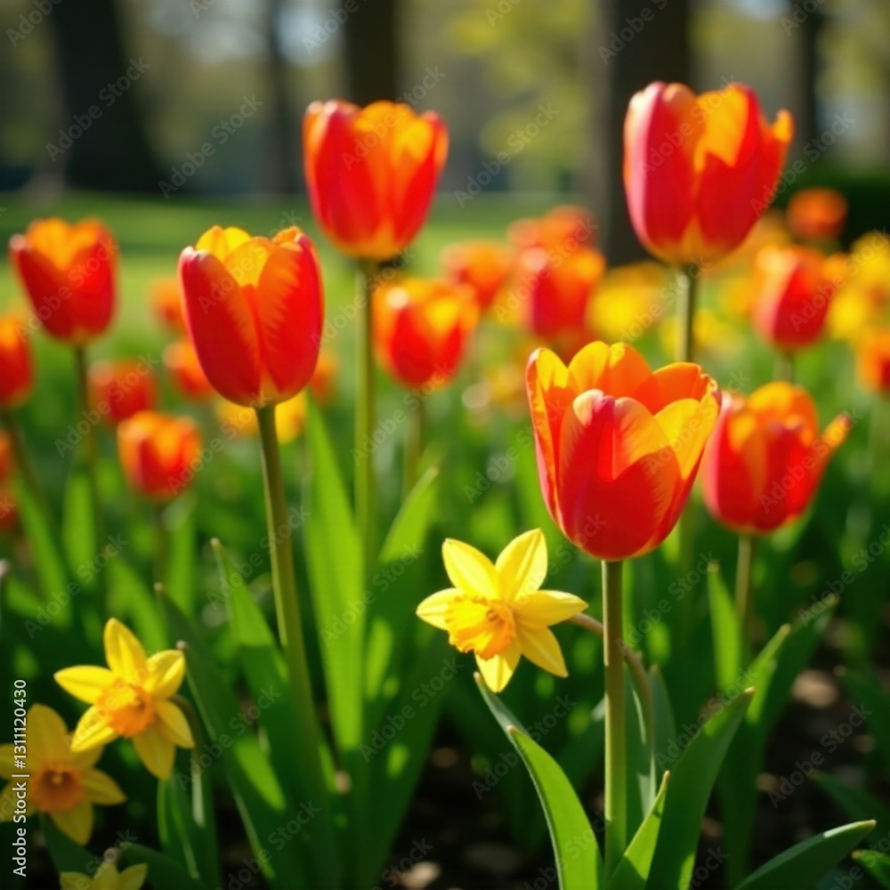 Vibrant tulips and daffodils bursting into bloom in a spring garden , petals, beautiful Vibrant tulips and daffodils bursting into bloom in a spring garden , petals, beautiful