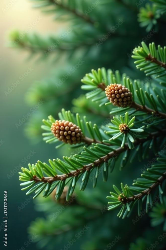 Fluffy fir branches, small light brown cones, soft focus , photography, light brown, stock Fluffy fir branches, small light brown cones, soft focus , photography, light brown, stock