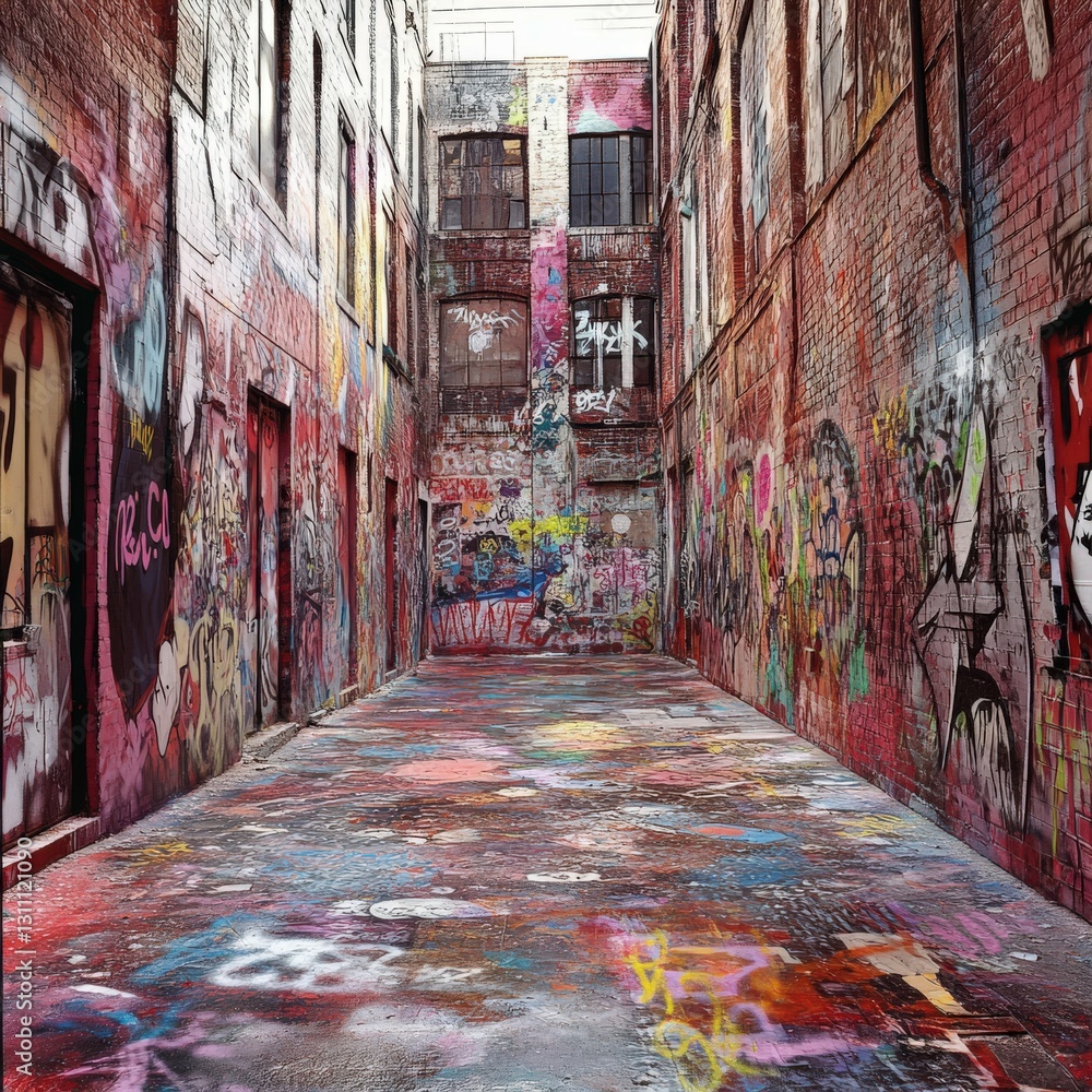 Fototapeta premium Vibrant graffiti alley in urban area reveals creativity and artistic expression in colorful street art during a sunny day