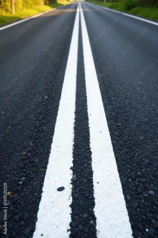 Freshly painted white lines on a smooth asphalt road , smooth asphalt, pavement markings Freshly painted white lines on a smooth asphalt road , smooth asphalt, pavement markings