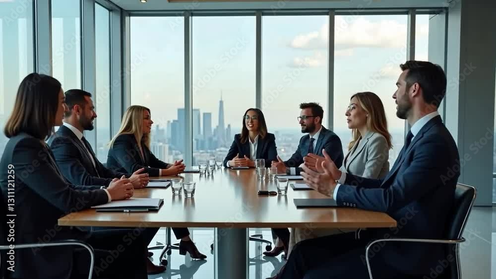 Business Meeting in Modern Skyscraper Office with Panoramic City View Business Meeting in Modern Skyscraper Office with Panoramic City View