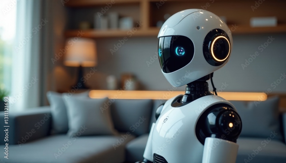 Polished humanoid robot amidst smart home devices, android, wires Polished humanoid robot amidst smart home devices, android, wires