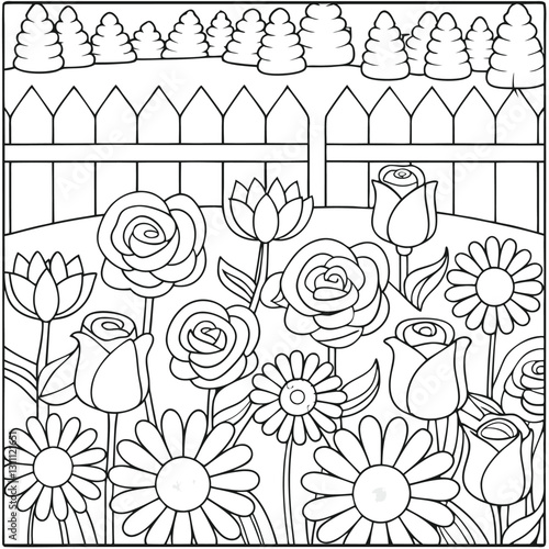 Coloring Page: Detailed Garden Scene with Roses, Daisies, and Other Flowers Behind a Fence and Trees, Line Art Style