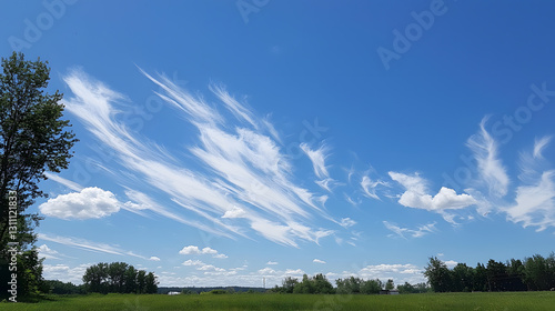 Idyllic nature scene featuring bright blue sky and soft white clouds as wallpaper background open field environment