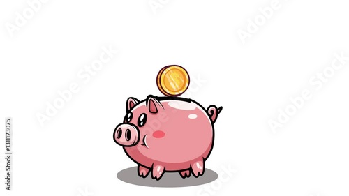 Piggy bank cartoon that expands when coins are inserted on white background 4K video motion graphic animation