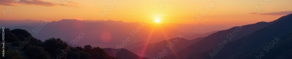 Fototapeta premium Golden hour light bathes mountain range, shadows lengthen across valley below , grand, range
