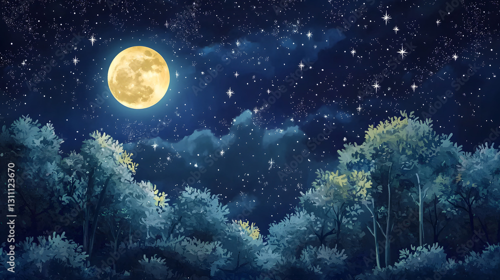 Fototapeta premium A deep night sky filled with twinkling stars and a bright moon forest background wallpaper nighttime serenity dreamy atmosphere