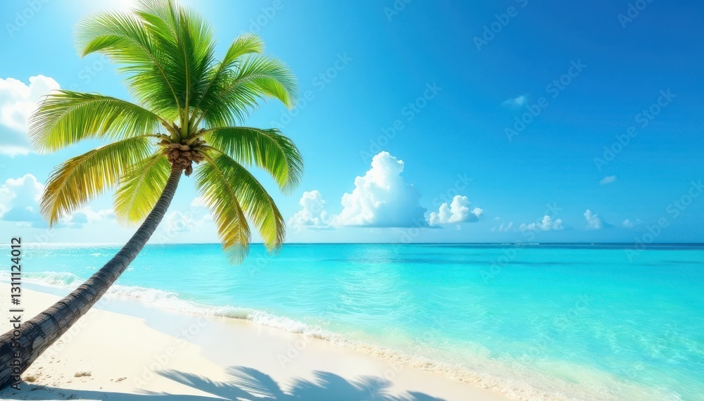 Fototapeta premium Lone palm, turquoise water, sun-drenched isle, remote, element