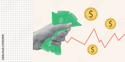 Halftone Collage Hand for investments concept, trading, marketing. Online Stock banner with coin, money, finance elements. Contemporary horizontal invest or business poster. Vector illustration.