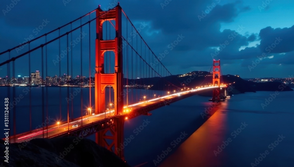Fototapeta premium Golden Gate Bridge at night, blurred car lights streaming across, golden gate, travel