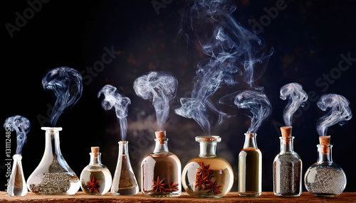 Mystical Apothecary Display: An alluring arrangement of various glass bottles, each releasing delicate wisps of fragrant smoke, create a sensory experience and hints at hidden secrets.