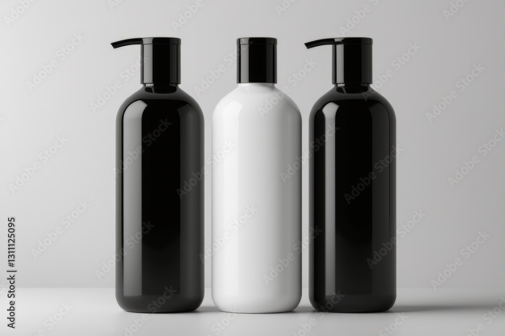 three black and white bottles with black and white liquid on a table three black and white bottles with black and white liquid on a table