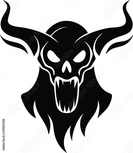 Black Demon Skull with Horns Silhouette Vector Art, Spooky Evil Monster Face, Tattoo Design, Halloween Theme