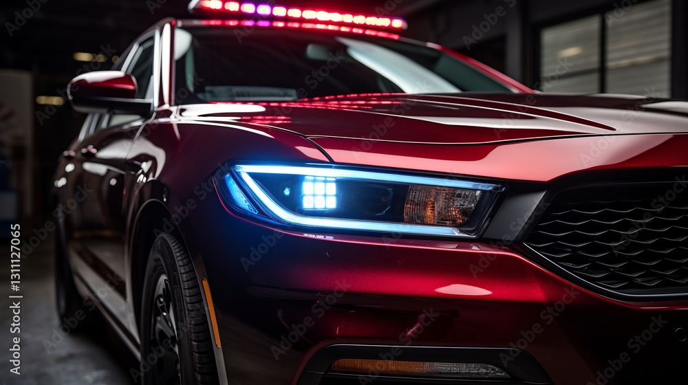 Red Emergency Vehicle Headlights for Garage Setting. Red Emergency Vehicle Headlights for Garage Setting.