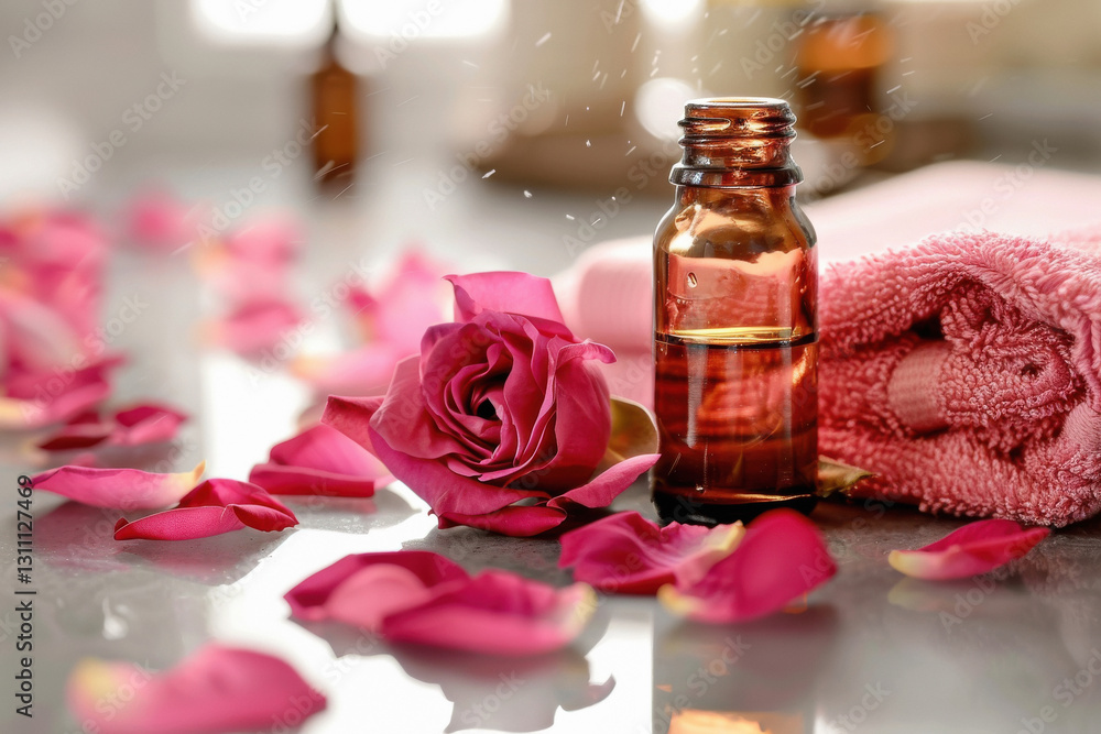 Essential oil bottle with rose petals and a towel. Elegant spa background. Essential oil bottle with rose petals and a towel. Elegant spa background.