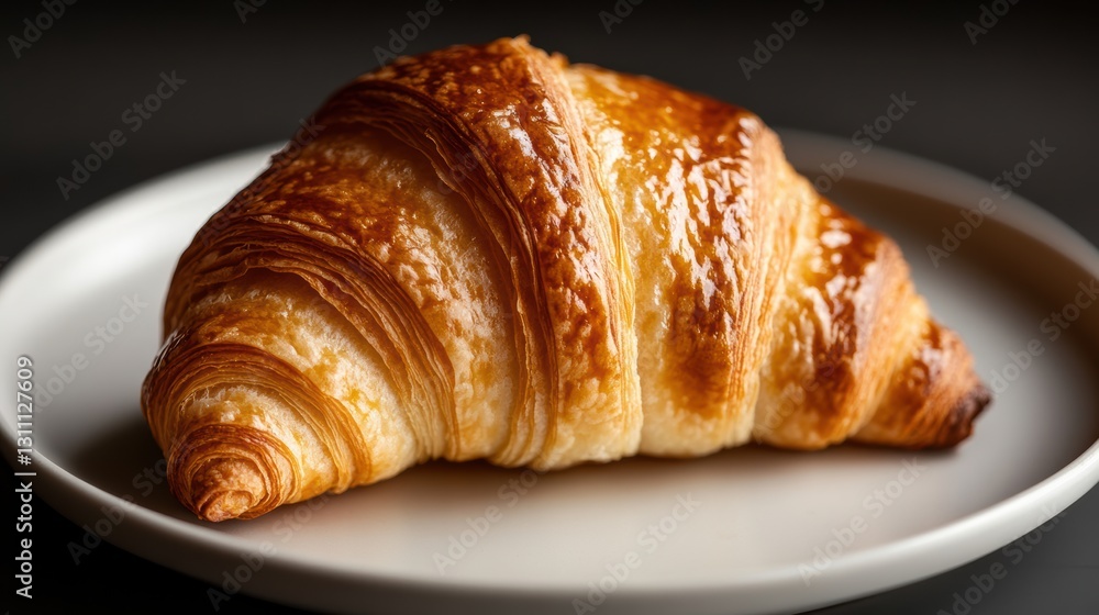 Freshly baked croissant showcasing golden layers on a clean plate Generative AI Freshly baked croissant showcasing golden layers on a clean plate Generative AI