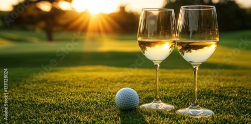 Two wine glasses and golf ball on a green at sunset.