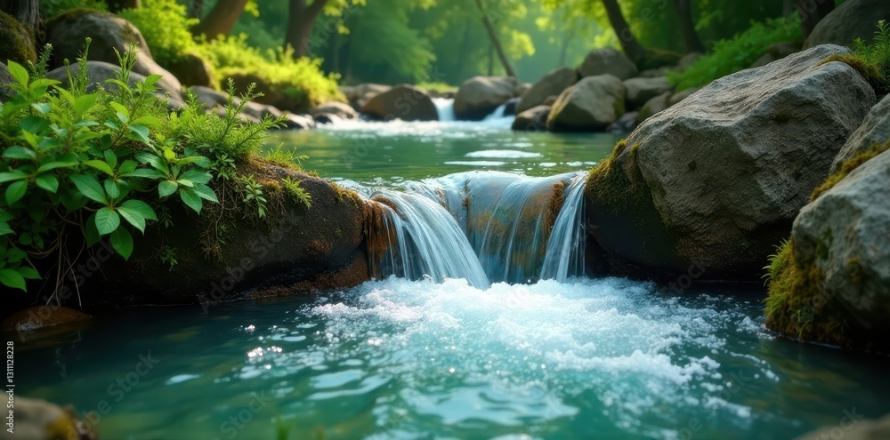 Emerald green spring water flowing over rocks, travel, mountain Emerald green spring water flowing over rocks, travel, mountain