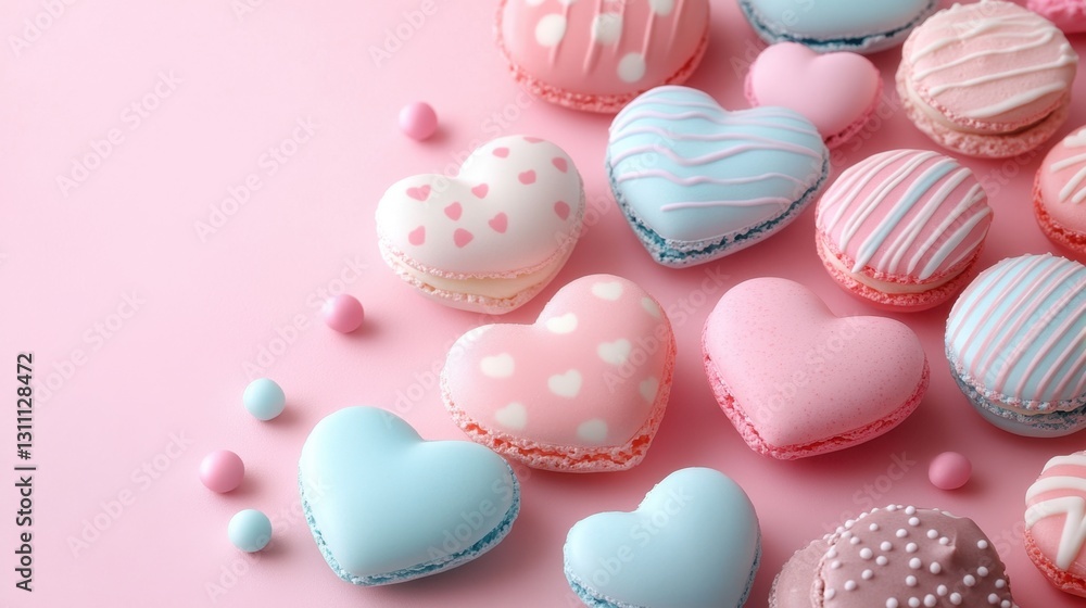 Deliciously Colorful Heart-Shaped Macarons on a Soft Pink Background Perfect for Any Celebration Deliciously Colorful Heart-Shaped Macarons on a Soft Pink Background Perfect for Any Celebration