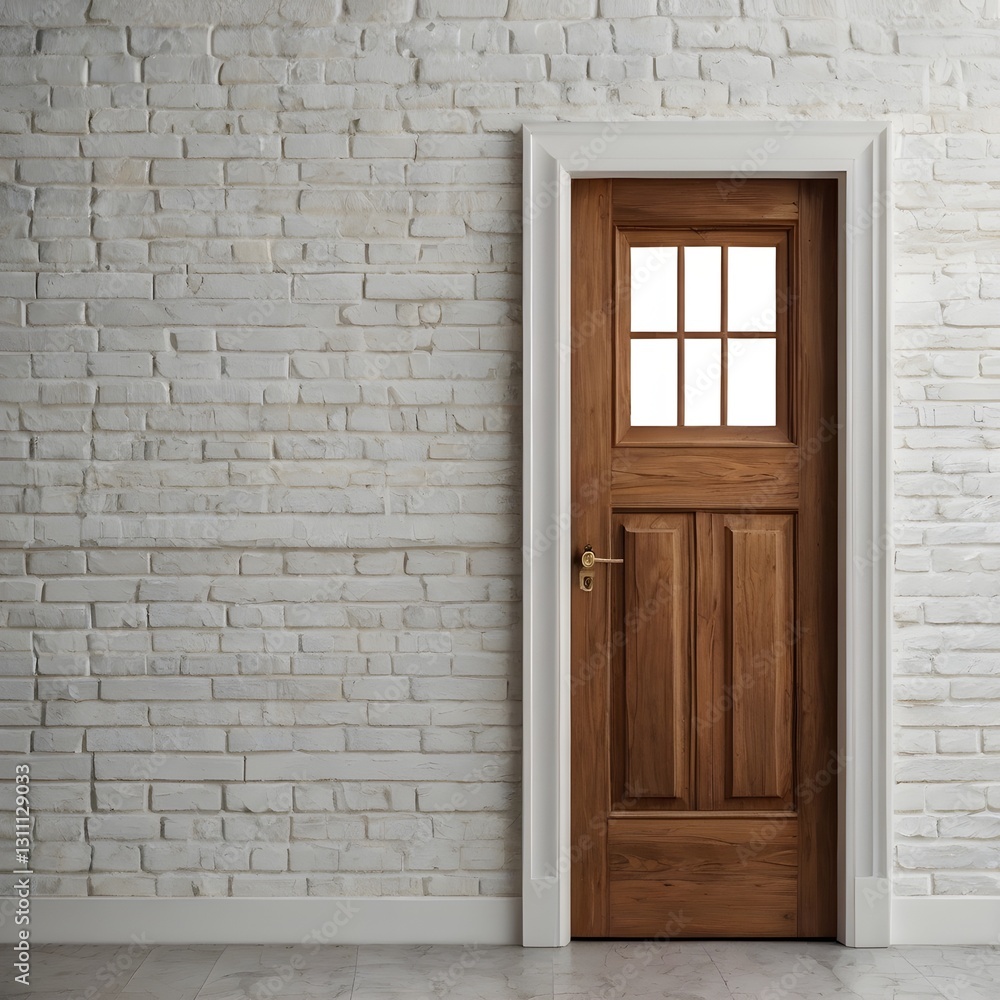 Fototapeta premium a single wooden door with glass panels set in a white brick wall 