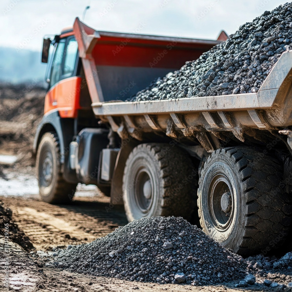 Obraz premium A dump truck unloading gravel at a construction zone.