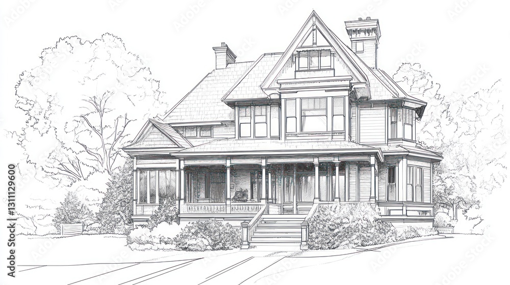 Historic house sketch, front view, trees, yard. Possible use Architectural drawing, historical reference Historic house sketch, front view, trees, yard. Possible use Architectural drawing, historical reference