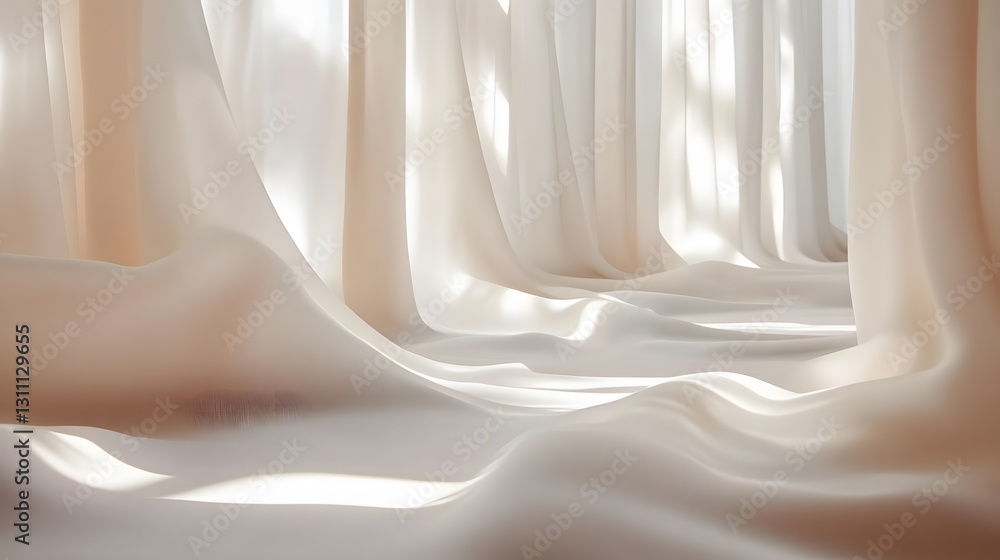 Sheer Curtains Draped in Sunlight Showing Gentle Waves Sheer Curtains Draped in Sunlight Showing Gentle Waves