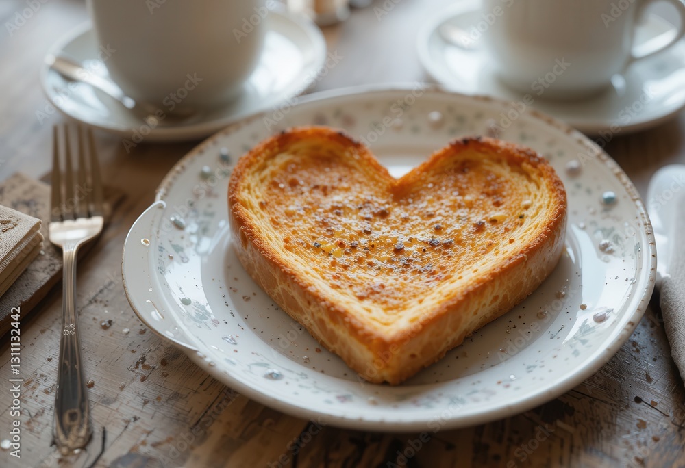 Heart-shaped toast served with coffee at cozy cafe Heart-shaped toast served with coffee at cozy cafe