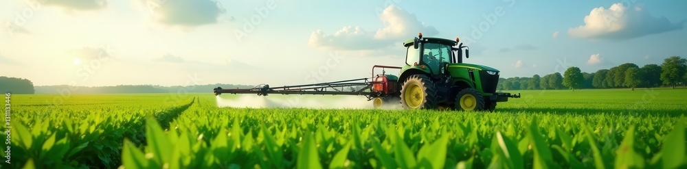 Green soybean field being sprayed by large tractor, green, harvest, sprayer Green soybean field being sprayed by large tractor, green, harvest, sprayer