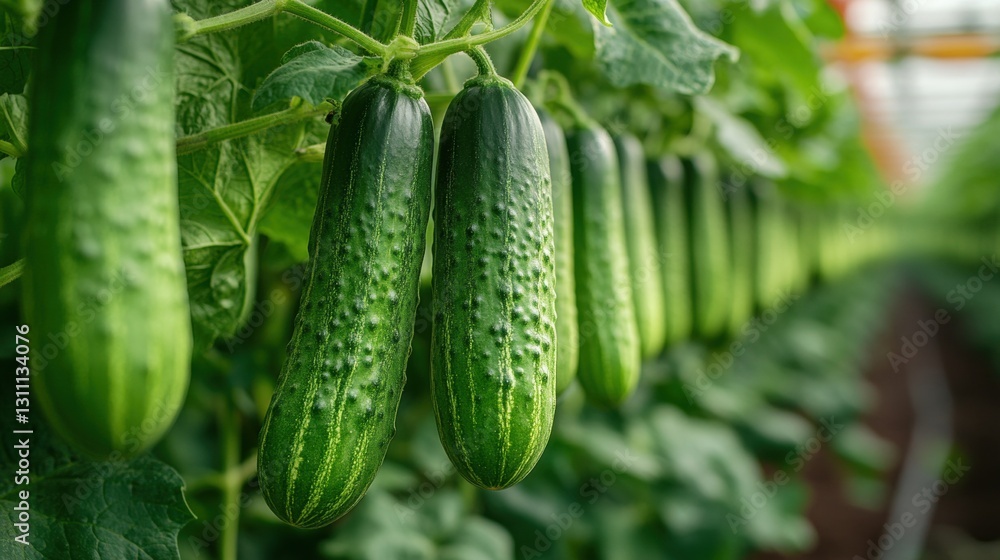Close-up view of green cucumbers growing on branches in a greenhouse with lush leaves, highlighting the beauty of indoor farming practices Close-up view of green cucumbers growing on branches in a greenhouse with lush leaves, highlighting the beauty of indoor farming practices