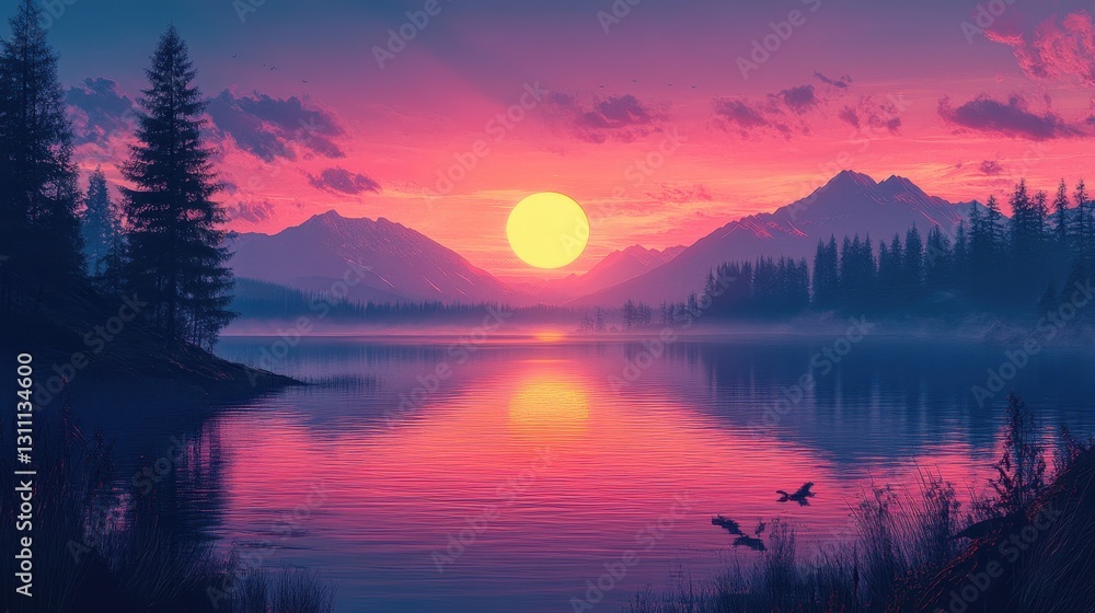 A colorful sunset over a calm lake with mountains and pine trees in the distance. inspiration. A colorful sunset over a calm lake with mountains and pine trees in the distance. inspiration.