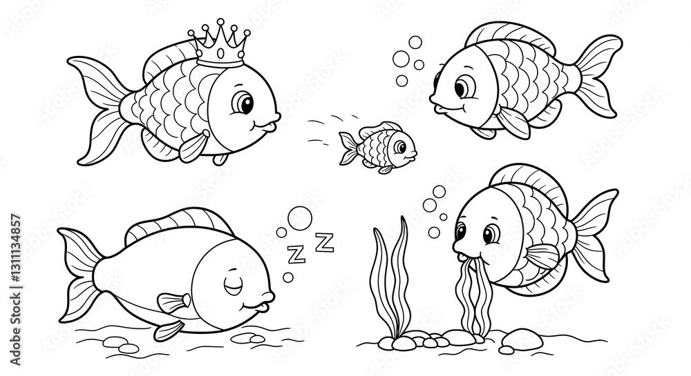 Fototapeta premium Cartoon Fish Characters in Various Poses Coloring Page Illustration