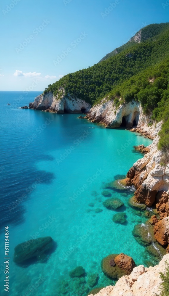 Fototapeta premium Idyllic Rab island bay Turquoise waters, rocky coast , water, serene, summer