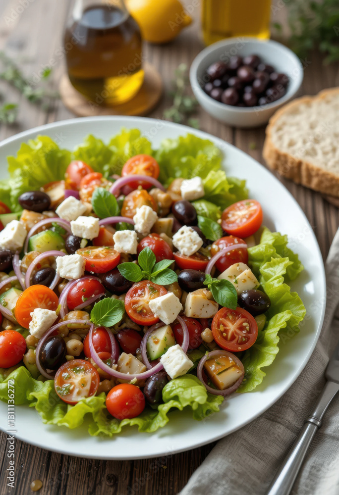 On the wooden table is a white plate with Greek salad: fresh leaves, cherry tomatoes, feta, red onion, cucumber and black olives. Nearby, bread, dressing and lemons create a Mediterranean atmosphere. On the wooden table is a white plate with Greek salad: fresh leaves, cherry tomatoes, feta, red onion, cucumber and black olives. Nearby, bread, dressing and lemons create a Mediterranean atmosphere.