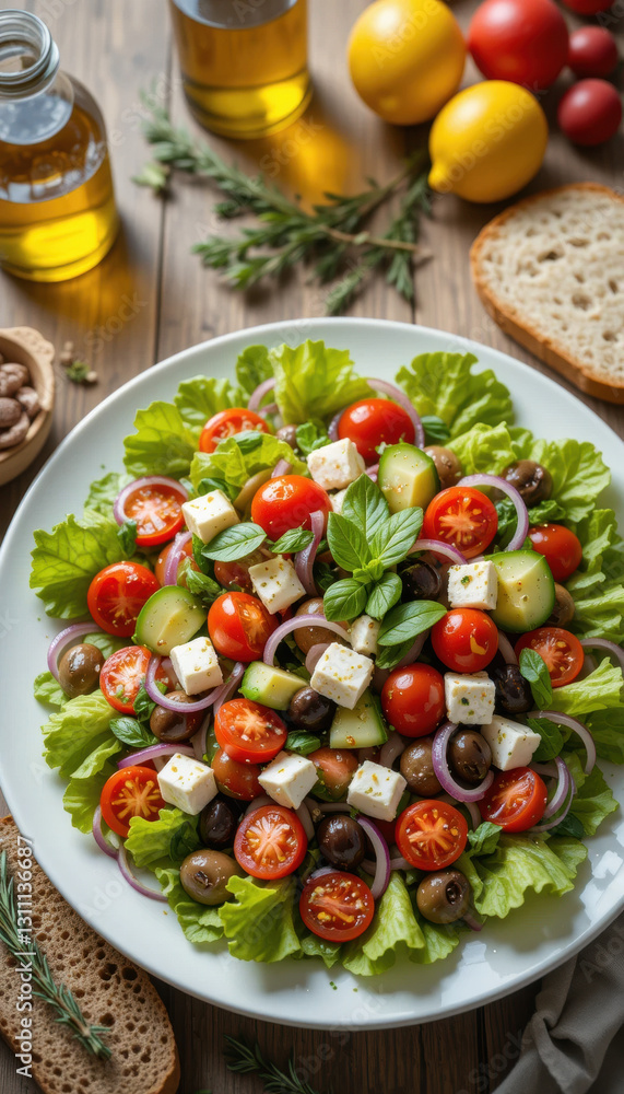 On the wooden table is a white plate with Greek salad: fresh leaves, cherry tomatoes, feta, red onion, cucumber and black olives. Nearby, bread, dressing and lemons create a Mediterranean atmosphere. On the wooden table is a white plate with Greek salad: fresh leaves, cherry tomatoes, feta, red onion, cucumber and black olives. Nearby, bread, dressing and lemons create a Mediterranean atmosphere.