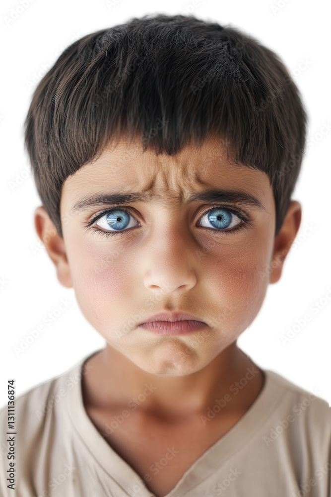 Boy with blue eyes showing sadness and distress, isolated on white background, portrait of a young child expressing emotion and vulnerability. Boy with blue eyes showing sadness and distress, isolated on white background, portrait of a young child expressing emotion and vulnerability.