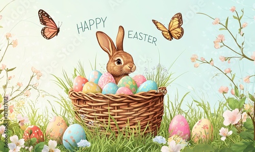 Happy Easter illustration featuring brown rabbit in basket of colorful eggs, surrounded by flowers, grass and butterflies. Festive Easter celebration scene. photo