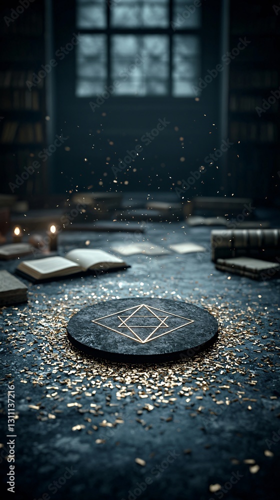 A secret alchemical symbol engraved on a metallic surface, reflecting candlelight in a dimly lit study, old parchment and arcane books scattered around, golden and bronze tones, fantasy illustration, A secret alchemical symbol engraved on a metallic surface, reflecting candlelight in a dimly lit study, old parchment and arcane books scattered around, golden and bronze tones, fantasy illustration,