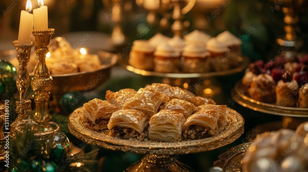 Opulent formal dining room setting with elaborate dessert display Opulent formal dining room setting with elaborate dessert display