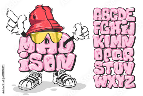 Graffiti bubble alphabet as a cool dude in a panama hat and sunglasses