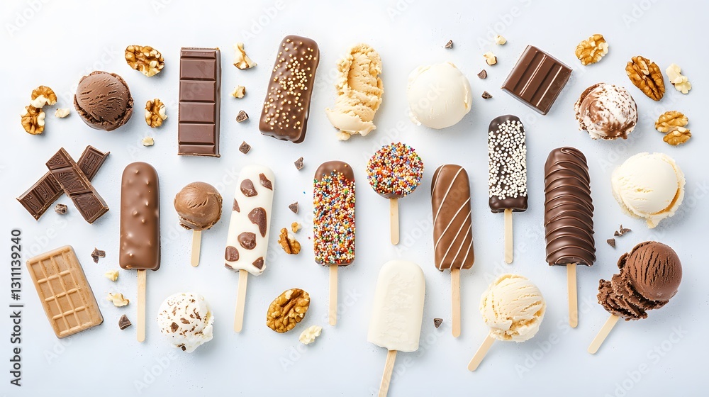 Creative arrangement of ice cream bars dessert table food photography bright background top view visual delight Creative arrangement of ice cream bars dessert table food photography bright background top view visual delight
