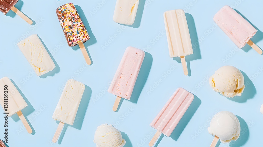Creative arrangement of colorful ice cream bars on blue background food photography playful environment top view Creative arrangement of colorful ice cream bars on blue background food photography playful environment top view