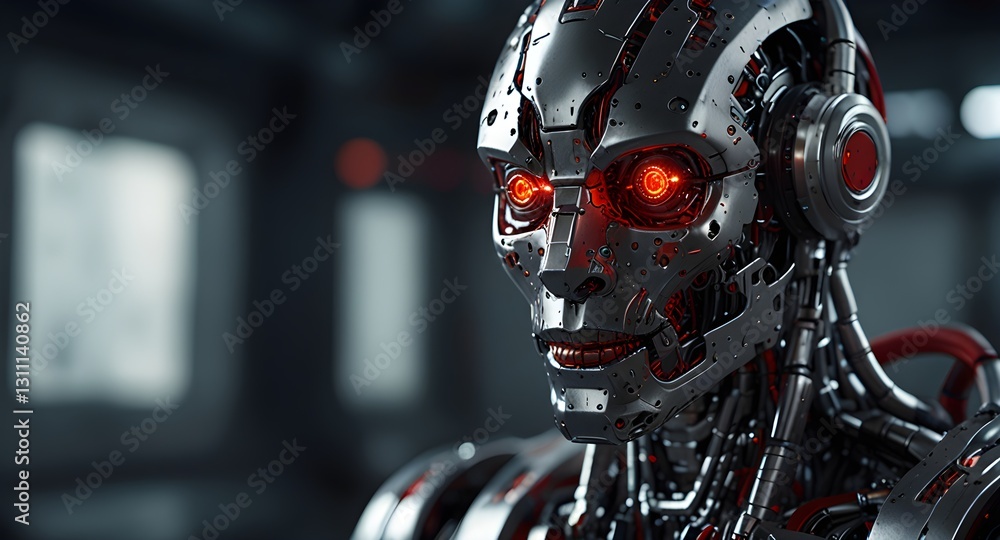 A hyper-detailed humanoid robot with glowing red eyes stands in a futuristic laboratory, showcasing intricate metallic components. A hyper-detailed humanoid robot with glowing red eyes stands in a futuristic laboratory, showcasing intricate metallic components.
