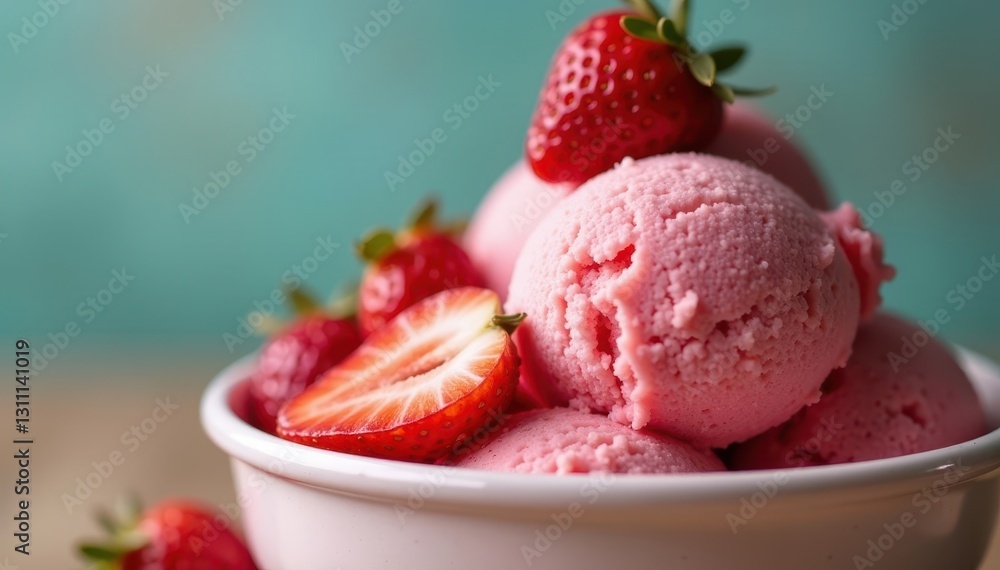 Close-up of rich strawberry ice cream in a cup, bowl, dessert, delicious Close-up of rich strawberry ice cream in a cup, bowl, dessert, delicious