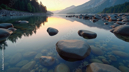 realistics A peaceful dance of reflections and textures unfolds as rocks and water harmoniously coexist on serene riverbank or shore