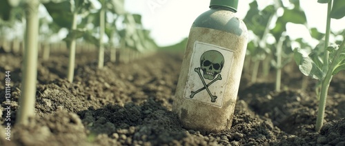 Spray bottle marked with hazard symbol placed in a garden bed with growing plants during daylight photo